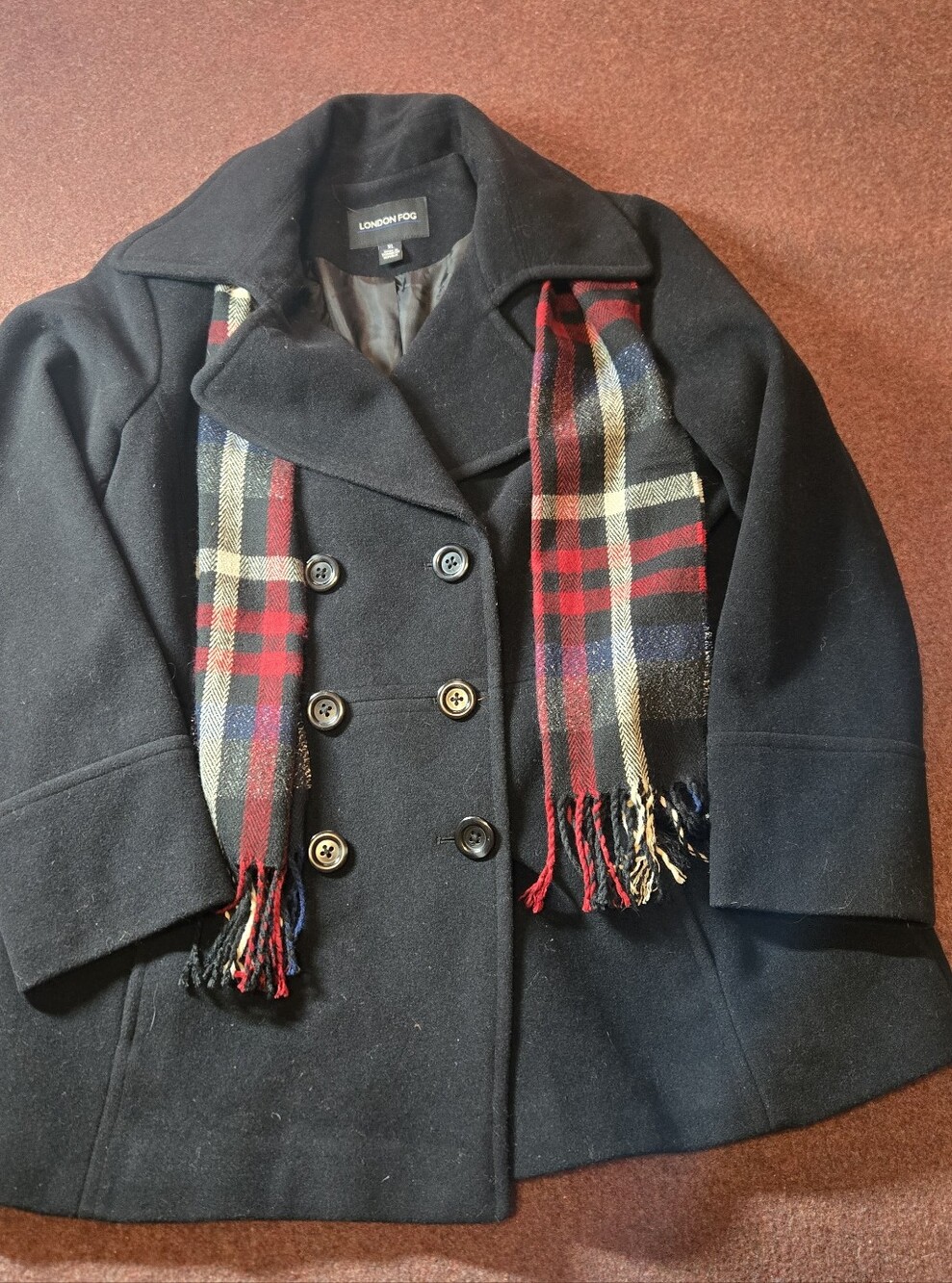 LONDON FOG Women's Black Double-Breasted Peacoat with Red Plaid Scarf XL